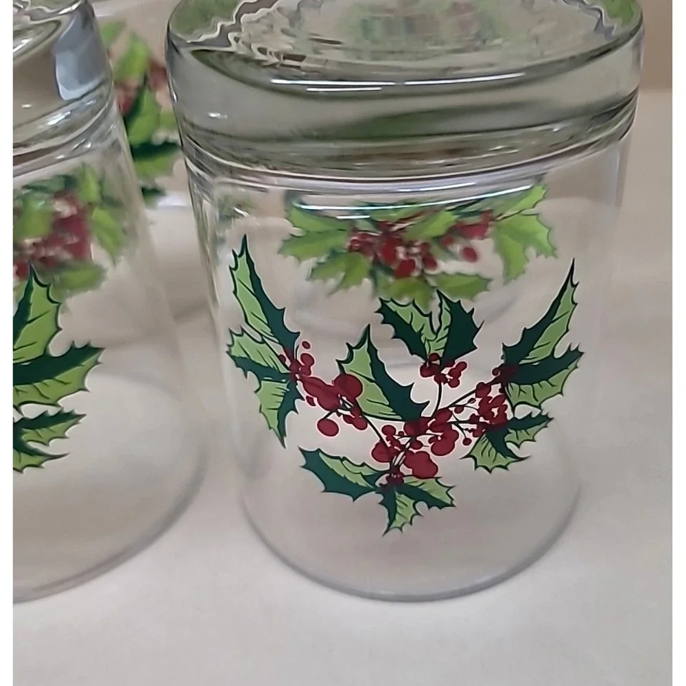 Set of 4 Christmas Green/Red Holly & Berries Lowball/Rocks/Whiskey Glasses